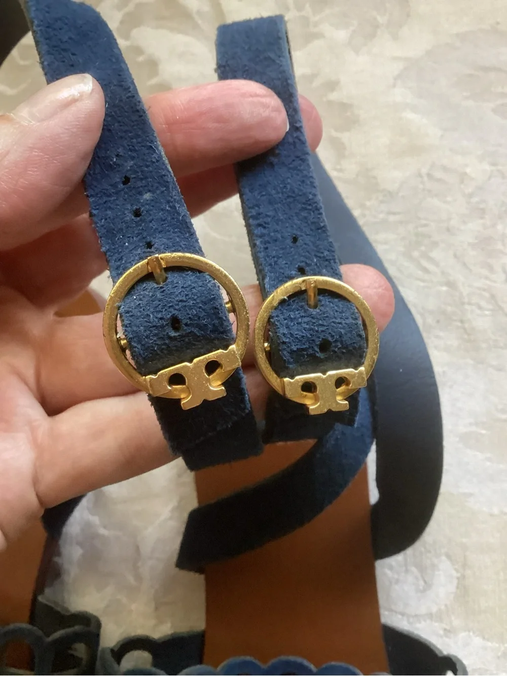 Tory Burch May flat Lancaster suede navy ankle strap laser cut leaf sandals 6.5